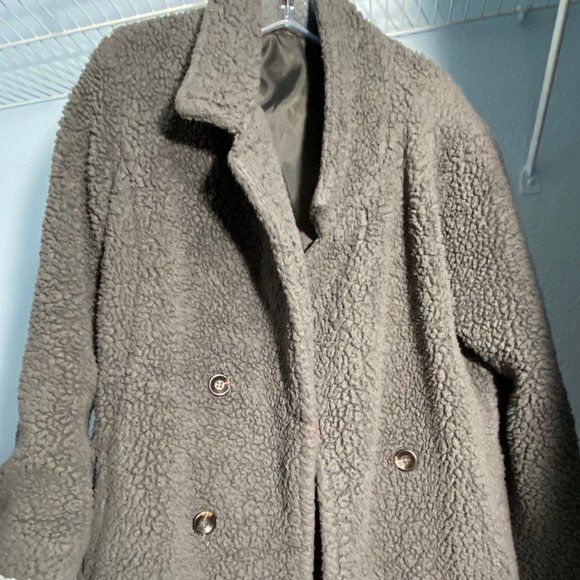 Fuzzy Gray Button up Fleece Jacket 29'' L Teddy Coat Pea Coat Style - Picture 1 of 3